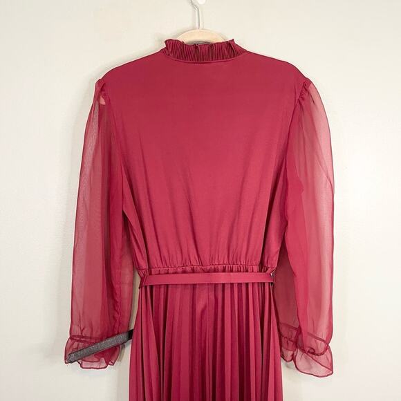 Montgomery Ward Maroon Sheer Ruffled Belted Button Pleated Midi Dress Size L/XL - Picture 5 of 9